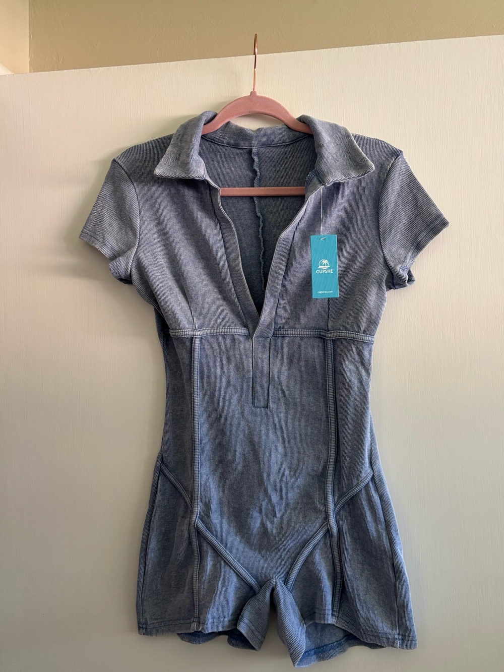 Cupshe Blue Short-Sleeve Ribbed One-Piece Romper